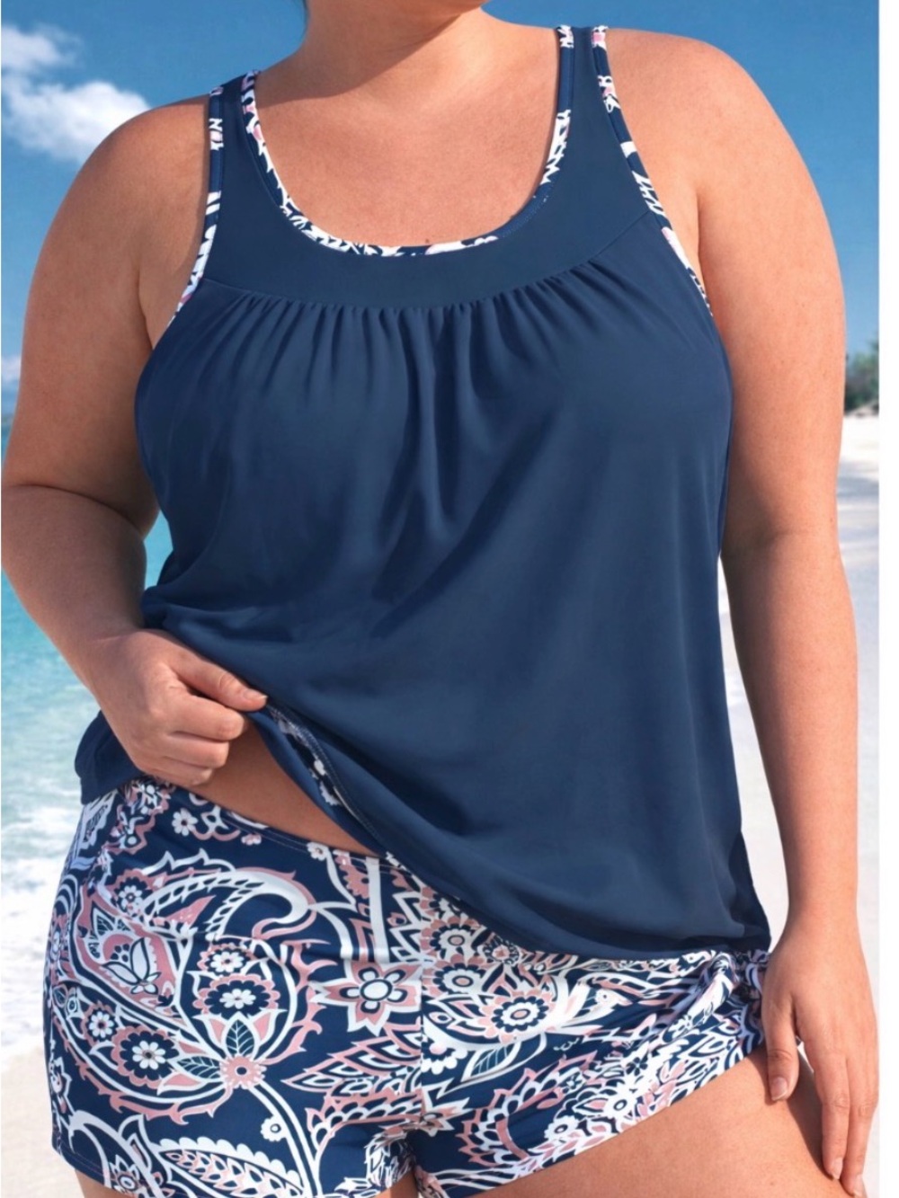 SHEIN Navy Plus-Size Tankini Top with Floral Trim